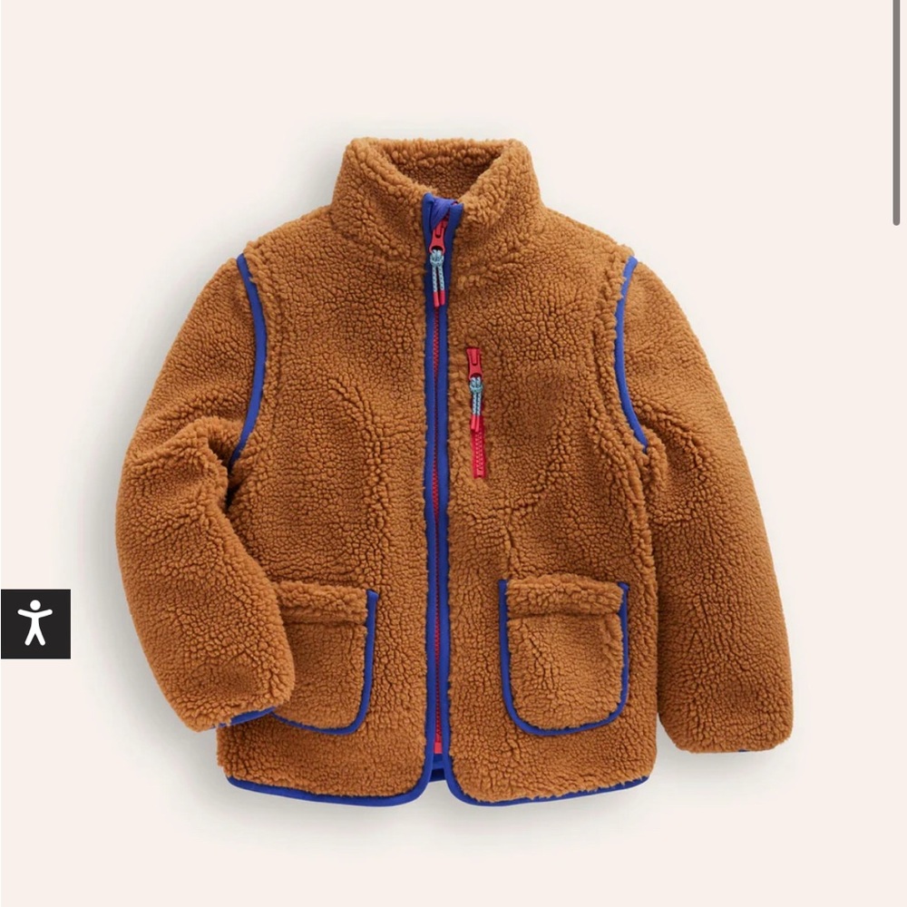 Baby Boden 2 in 1 Brown Sherpa Jacket with Blue Trim size 2-3 years